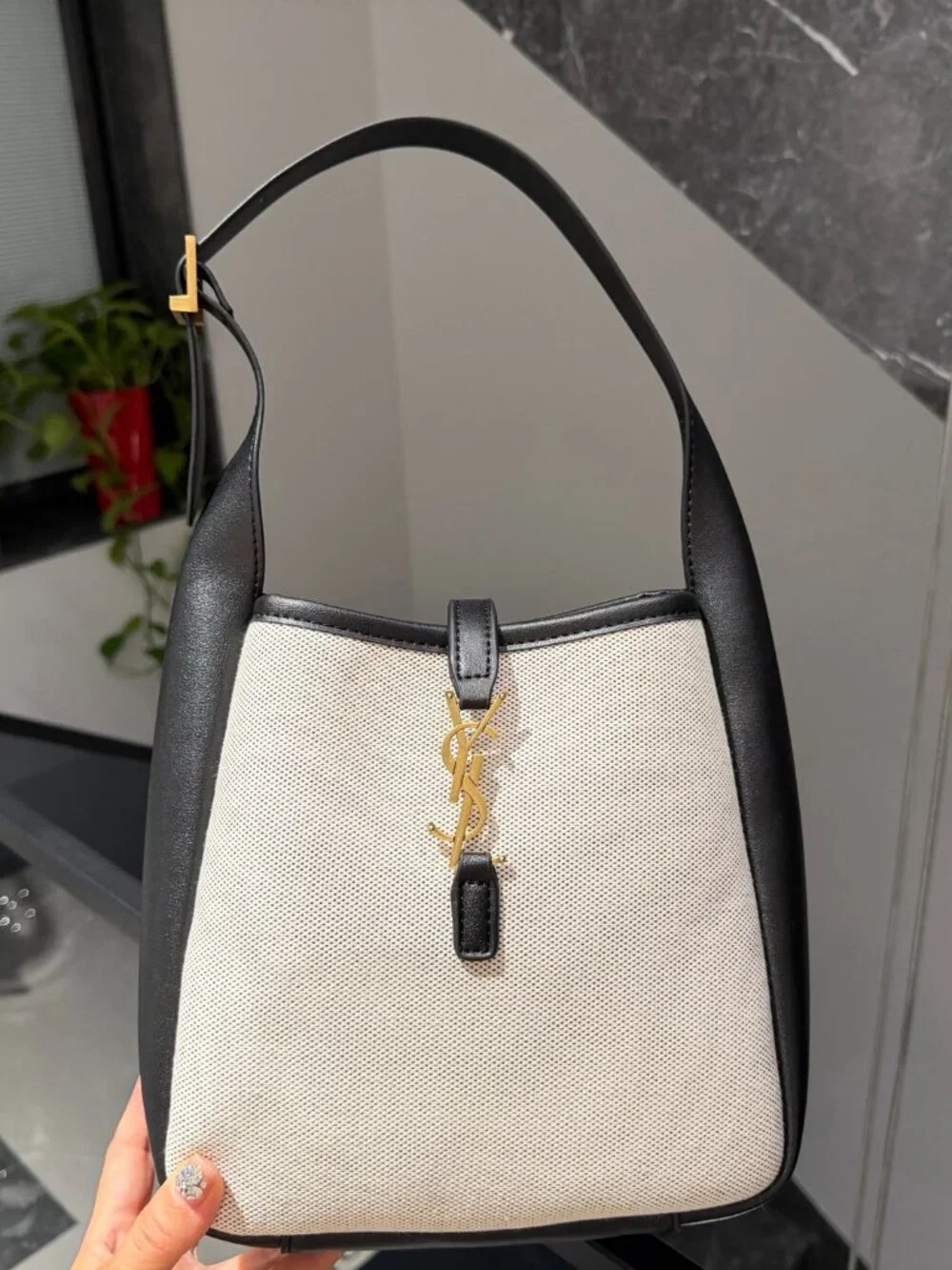 Saint Laurent Two-Tone Canvas Black Leather Hobo Bucket Bag